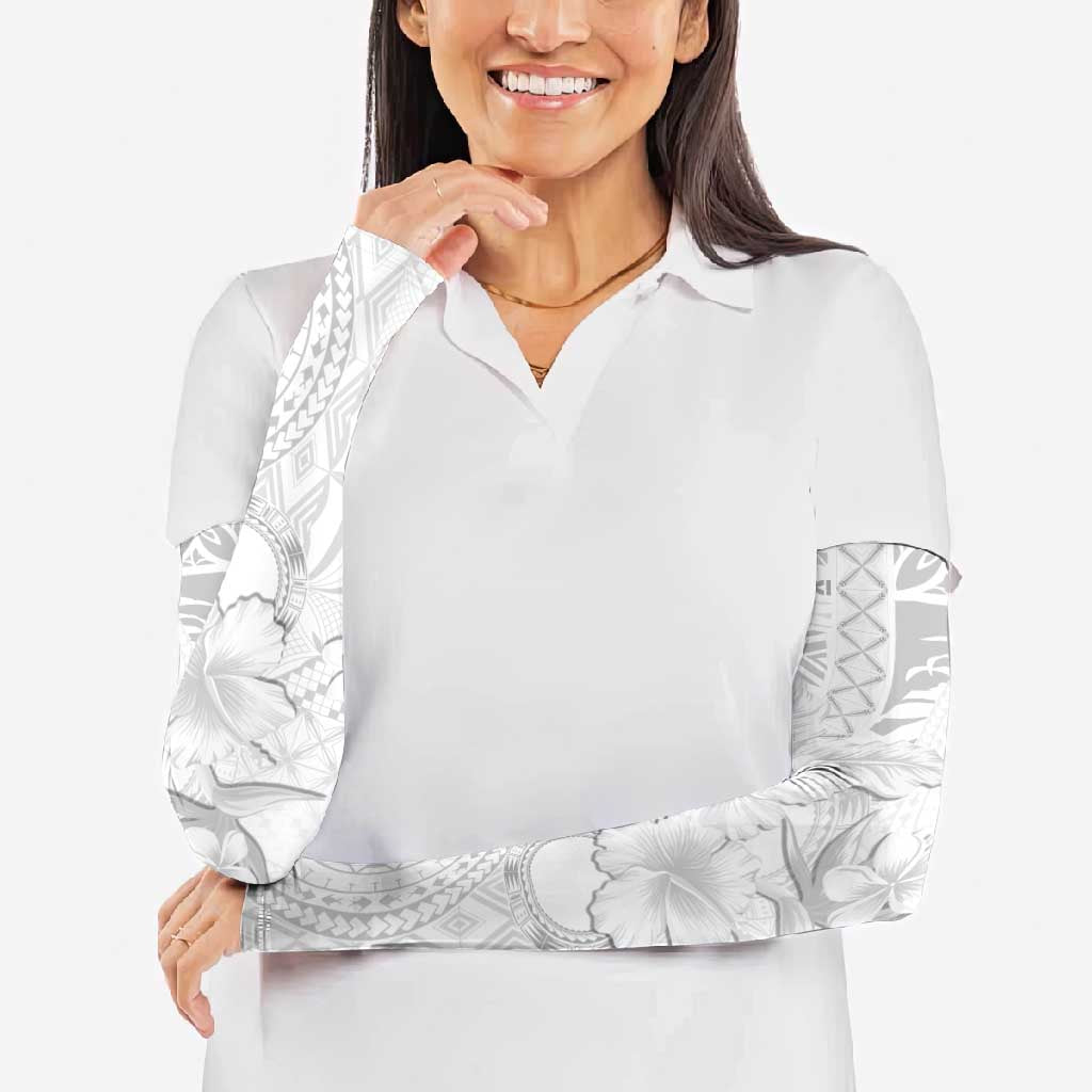 Samoa Siapo Pattern With White Hibiscus Arm Sleeves - Polynesian Pride