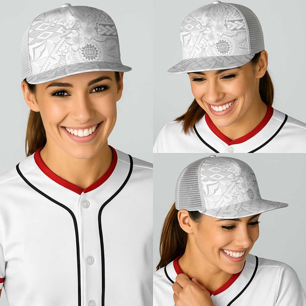 Samoa Siapo Pattern With White Hibiscus Baseball Net Cap - Polynesian Pride