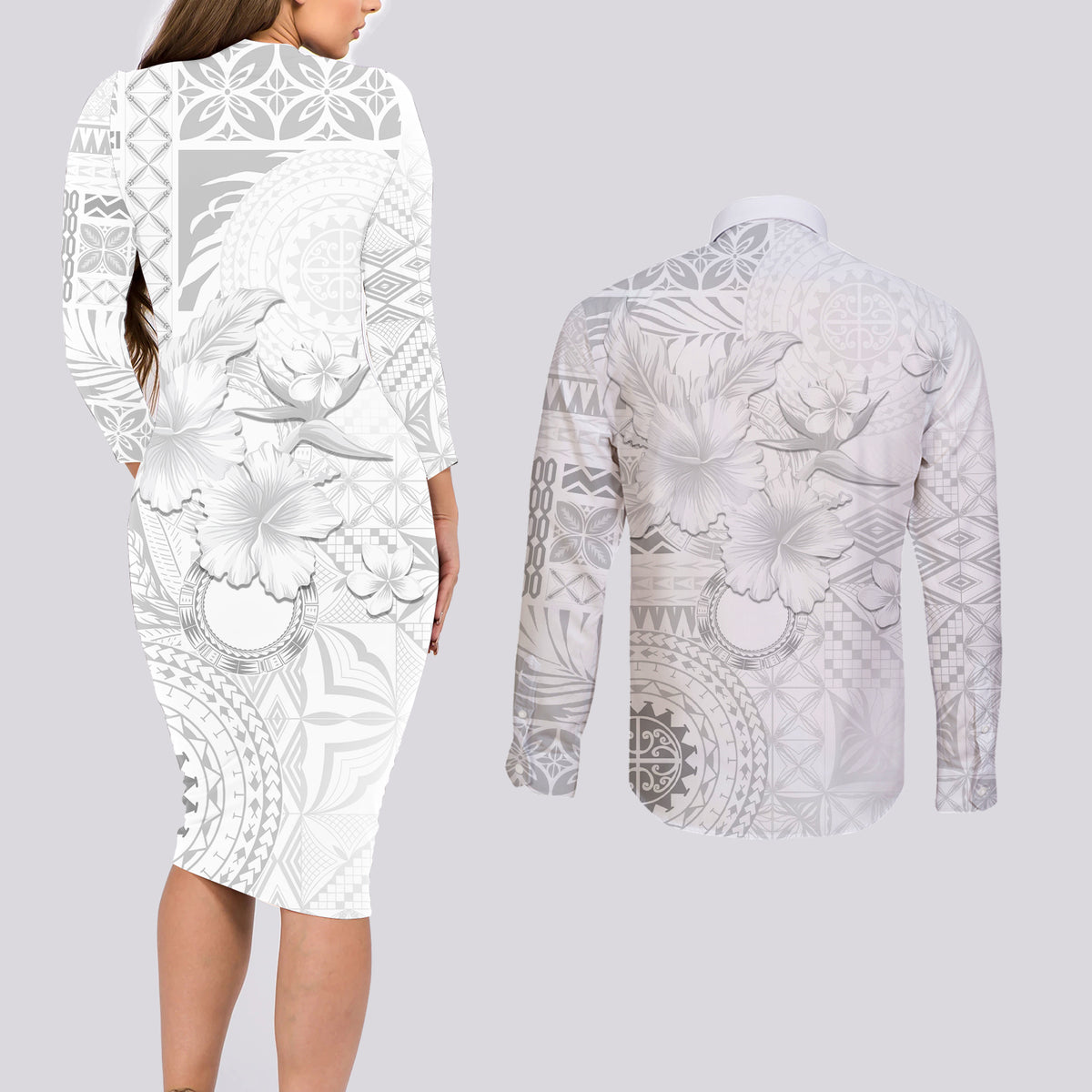 Samoa Siapo Pattern With White Hibiscus Couples Matching Long Sleeve Bodycon Dress and Long Sleeve Button Shirt LT05 - Polynesian Pride
