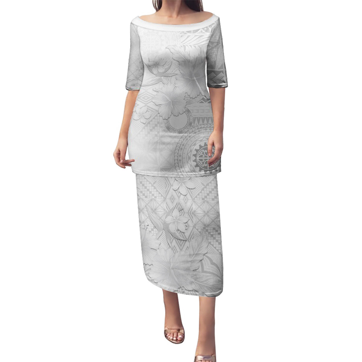 Samoa Siapo Pattern With White Hibiscus Family Matching Puletasi and Hawaiian Shirt LT05 Mom's Dress White - Polynesian Pride