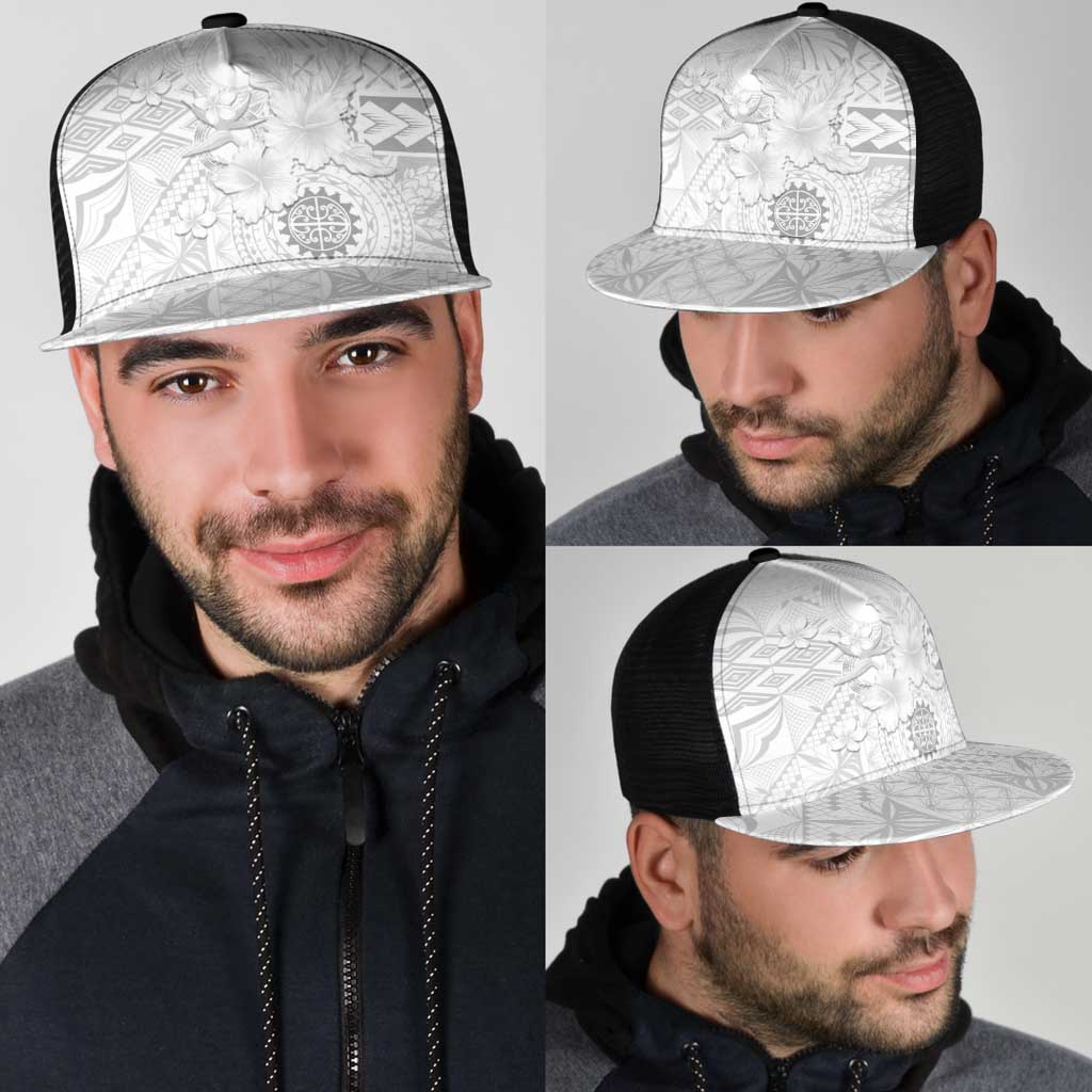 Samoa Siapo Pattern With White Hibiscus Mesh Trucker Cap - Polynesian Pride