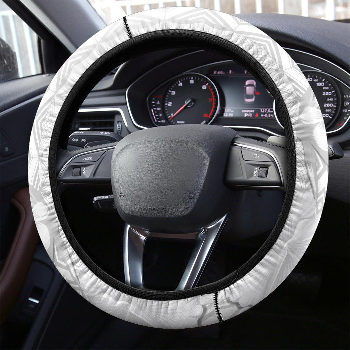 Samoa Siapo Pattern With White Hibiscus Steering Wheel Cover
