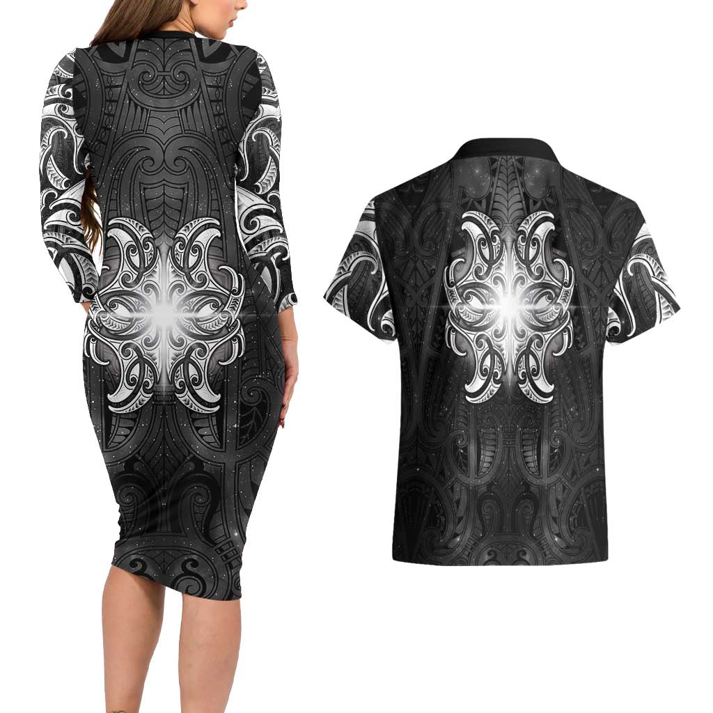 New Zealand Matariki Couples Matching Long Sleeve Bodycon Dress and Hawaiian Shirt Maori Moko Black Galaxy LT05 - Polynesian Pride