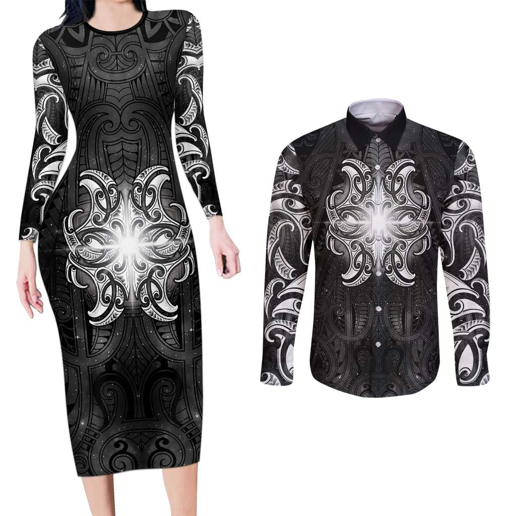 New Zealand Matariki Couples Matching Long Sleeve Bodycon Dress and Long Sleeve Button Shirt Maori Moko Black Galaxy LT05 Black - Polynesian Pride