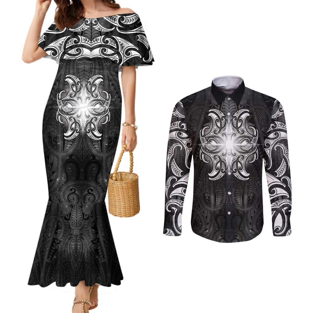 New Zealand Matariki Couples Matching Mermaid Dress and Long Sleeve Button Shirt Maori Moko Black Galaxy LT05 Black - Polynesian Pride