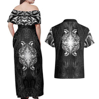 New Zealand Matariki Couples Matching Off Shoulder Maxi Dress and Hawaiian Shirt Maori Moko Black Galaxy