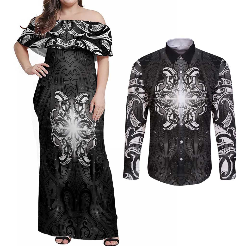 New Zealand Matariki Couples Matching Off Shoulder Maxi Dress and Long Sleeve Button Shirt Maori Moko Black Galaxy LT05 Black - Polynesian Pride