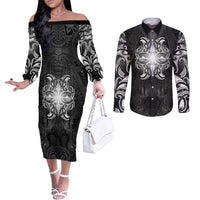 New Zealand Matariki Couples Matching Off The Shoulder Long Sleeve Dress and Long Sleeve Button Shirt Maori Moko Black Galaxy LT05 Black - Polynesian Pride