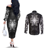 New Zealand Matariki Couples Matching Off The Shoulder Long Sleeve Dress and Long Sleeve Button Shirt Maori Moko Black Galaxy LT05 - Polynesian Pride