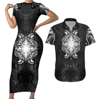 New Zealand Matariki Couples Matching Short Sleeve Bodycon Dress and Hawaiian Shirt Maori Moko Black Galaxy LT05 Black - Polynesian Pride