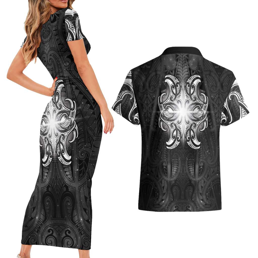 New Zealand Matariki Couples Matching Short Sleeve Bodycon Dress and Hawaiian Shirt Maori Moko Black Galaxy LT05 - Polynesian Pride