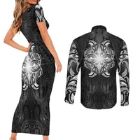 New Zealand Matariki Couples Matching Short Sleeve Bodycon Dress and Long Sleeve Button Shirt Maori Moko Black Galaxy LT05 - Polynesian Pride