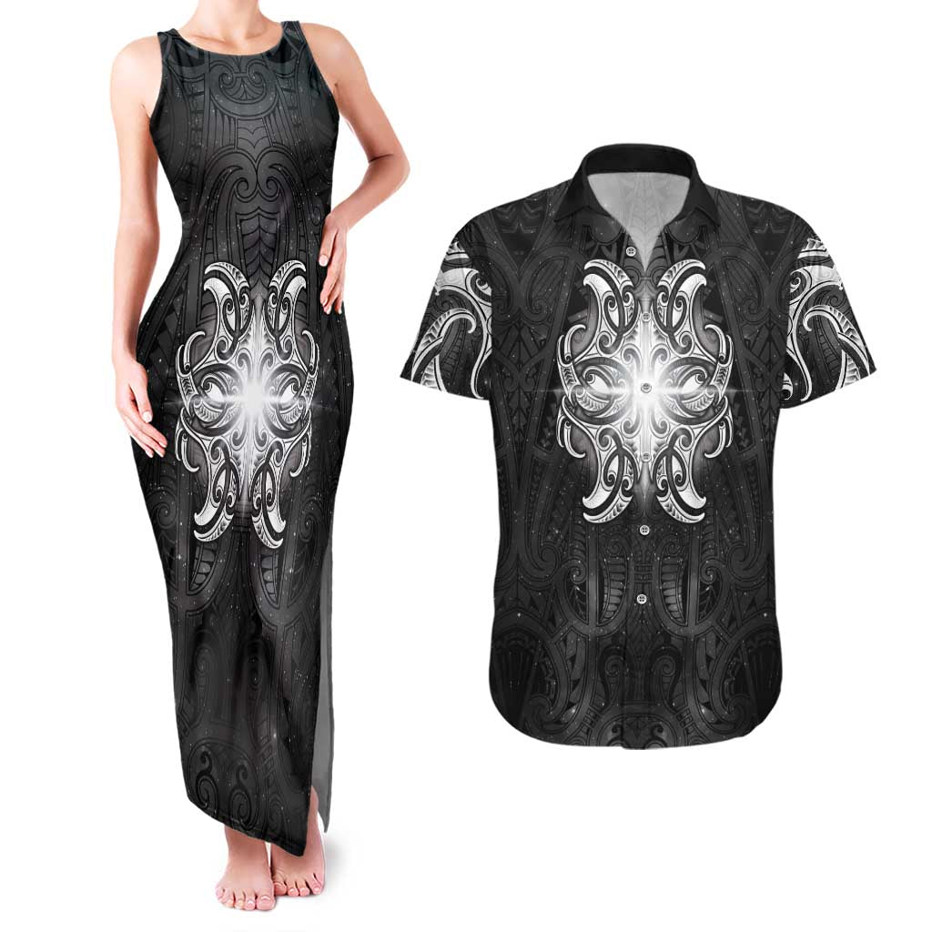 New Zealand Matariki Couples Matching Tank Maxi Dress and Hawaiian Shirt Maori Moko Black Galaxy LT05 Black - Polynesian Pride