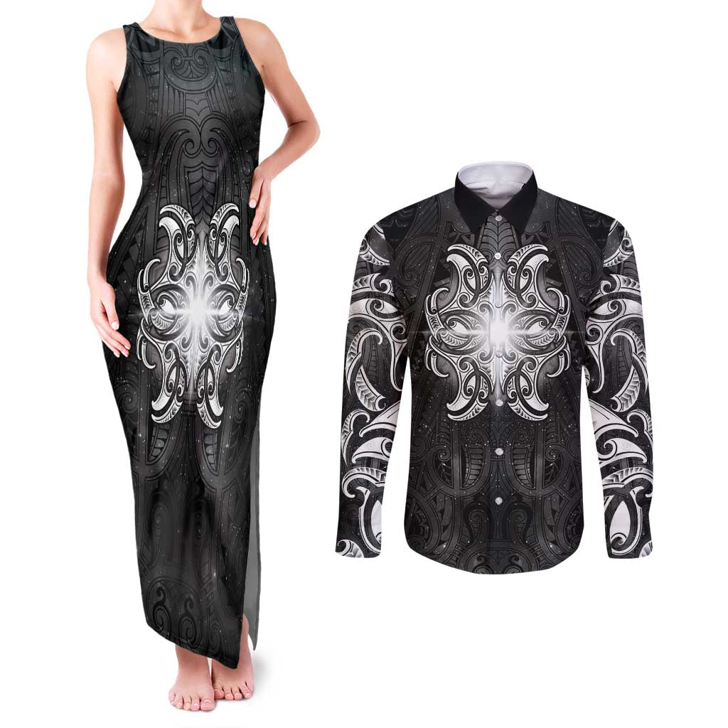 New Zealand Matariki Couples Matching Tank Maxi Dress and Long Sleeve Button Shirt Maori Moko Black Galaxy LT05 Black - Polynesian Pride