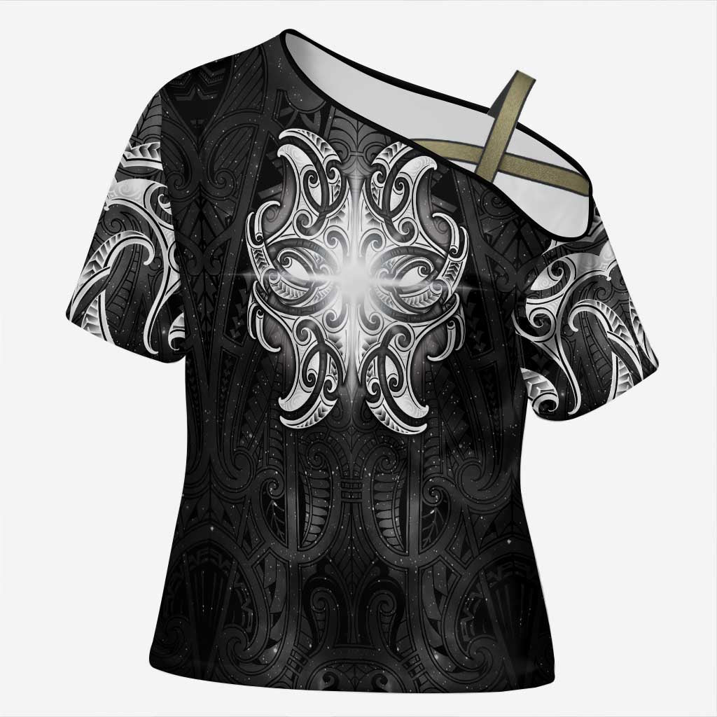 New Zealand Matariki Cross Shoulder Shirt Maori Moko Black Galaxy