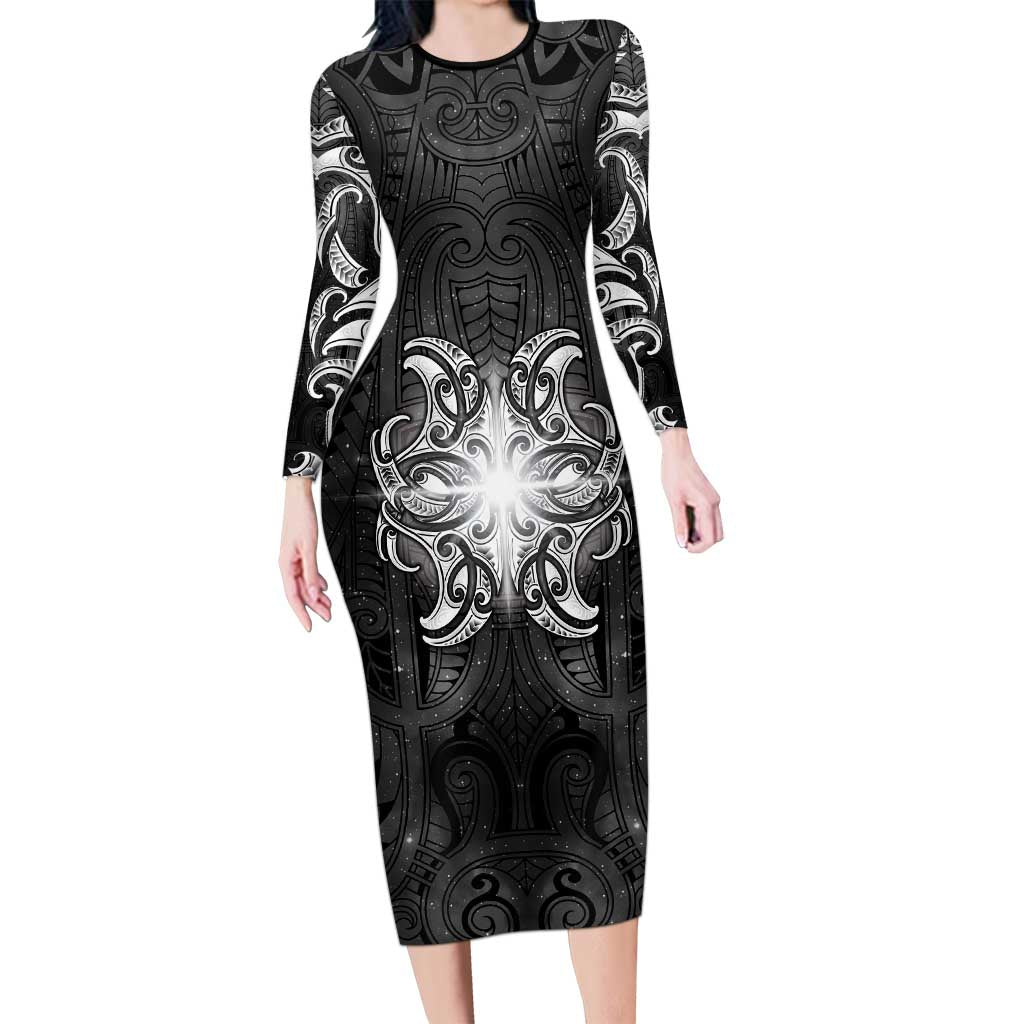 New Zealand Matariki Family Matching Long Sleeve Bodycon Dress and Hawaiian Shirt Maori Moko Black Galaxy LT05 Mom's Dress Black - Polynesian Pride