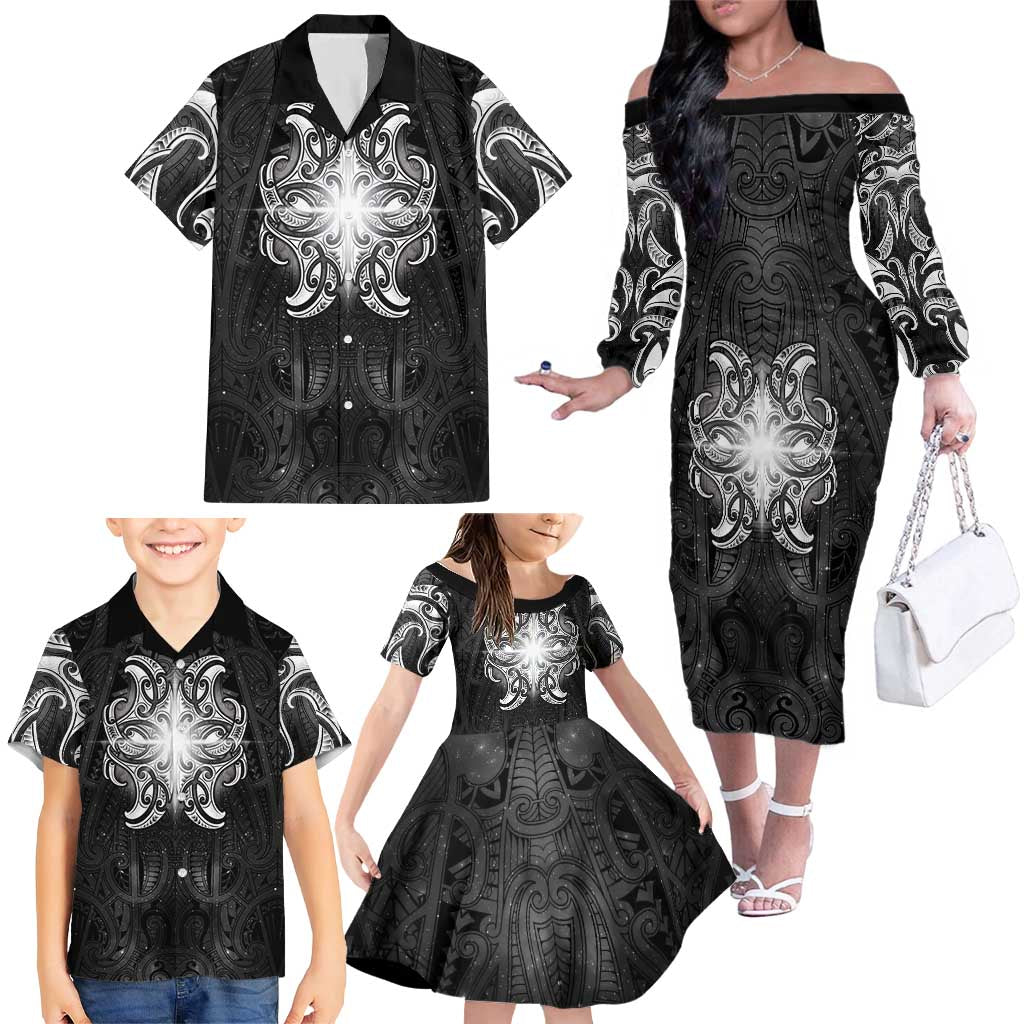 New Zealand Matariki Family Matching Off The Shoulder Long Sleeve Dress and Hawaiian Shirt Maori Moko Black Galaxy