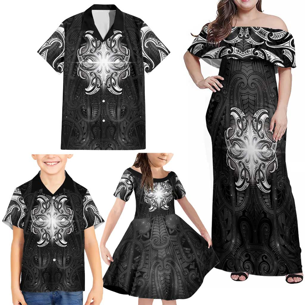 New Zealand Matariki Family Matching Off Shoulder Maxi Dress and Hawaiian Shirt Maori Moko Black Galaxy LT05 - Polynesian Pride
