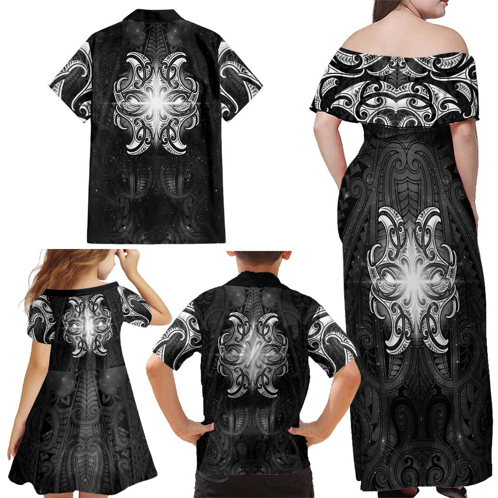 New Zealand Matariki Family Matching Off Shoulder Maxi Dress and Hawaiian Shirt Maori Moko Black Galaxy LT05 - Polynesian Pride