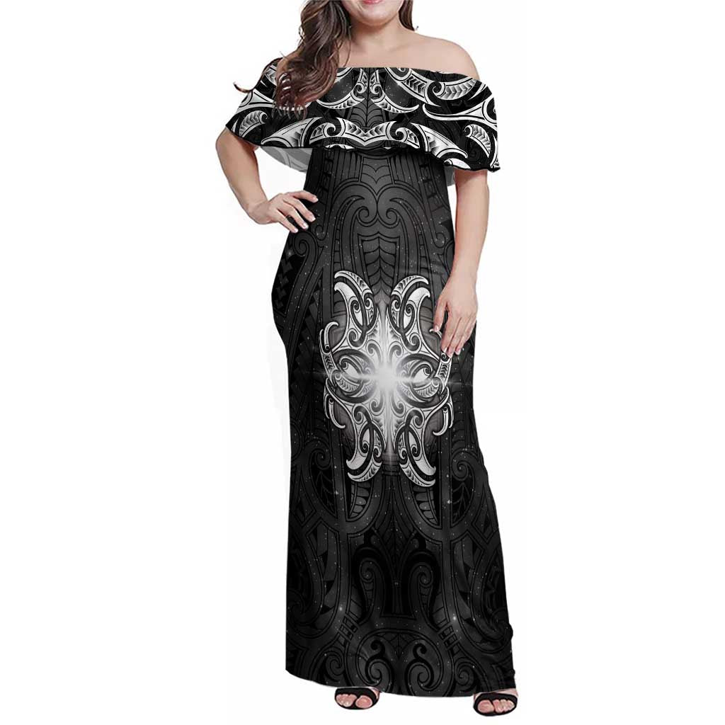 New Zealand Matariki Family Matching Off Shoulder Maxi Dress and Hawaiian Shirt Maori Moko Black Galaxy LT05 Mom's Dress Black - Polynesian Pride