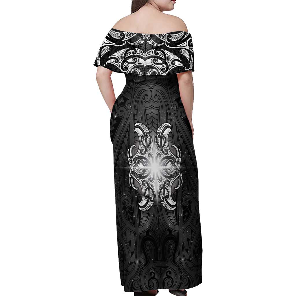 New Zealand Matariki Family Matching Off Shoulder Maxi Dress and Hawaiian Shirt Maori Moko Black Galaxy LT05 - Polynesian Pride