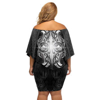 New Zealand Matariki Family Matching Off Shoulder Short Dress and Hawaiian Shirt Maori Moko Black Galaxy LT05 - Polynesian Pride