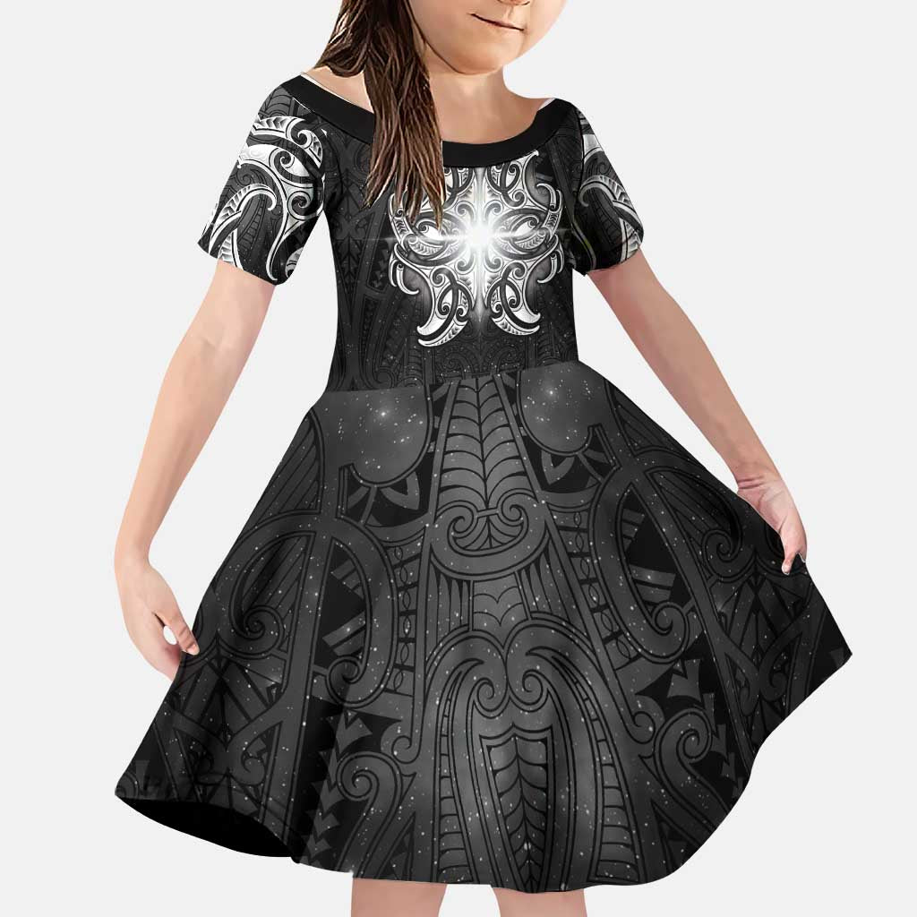 New Zealand Matariki Family Matching Short Sleeve Bodycon Dress and Hawaiian Shirt Maori Moko Black Galaxy LT05 Daughter's Dress Black - Polynesian Pride