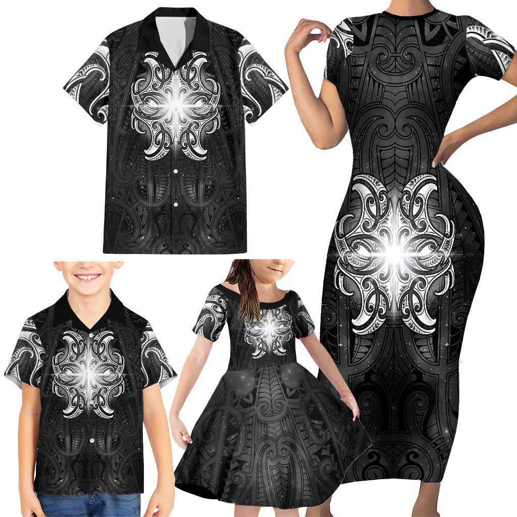 New Zealand Matariki Family Matching Short Sleeve Bodycon Dress and Hawaiian Shirt Maori Moko Black Galaxy LT05 - Polynesian Pride