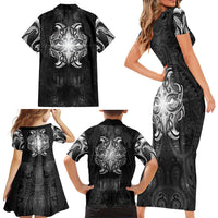 New Zealand Matariki Family Matching Short Sleeve Bodycon Dress and Hawaiian Shirt Maori Moko Black Galaxy LT05 - Polynesian Pride