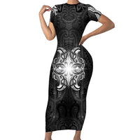 New Zealand Matariki Family Matching Short Sleeve Bodycon Dress and Hawaiian Shirt Maori Moko Black Galaxy LT05 Mom's Dress Black - Polynesian Pride