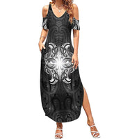 New Zealand Matariki Family Matching Summer Maxi Dress and Hawaiian Shirt Maori Moko Black Galaxy LT05 Mom's Dress Black - Polynesian Pride