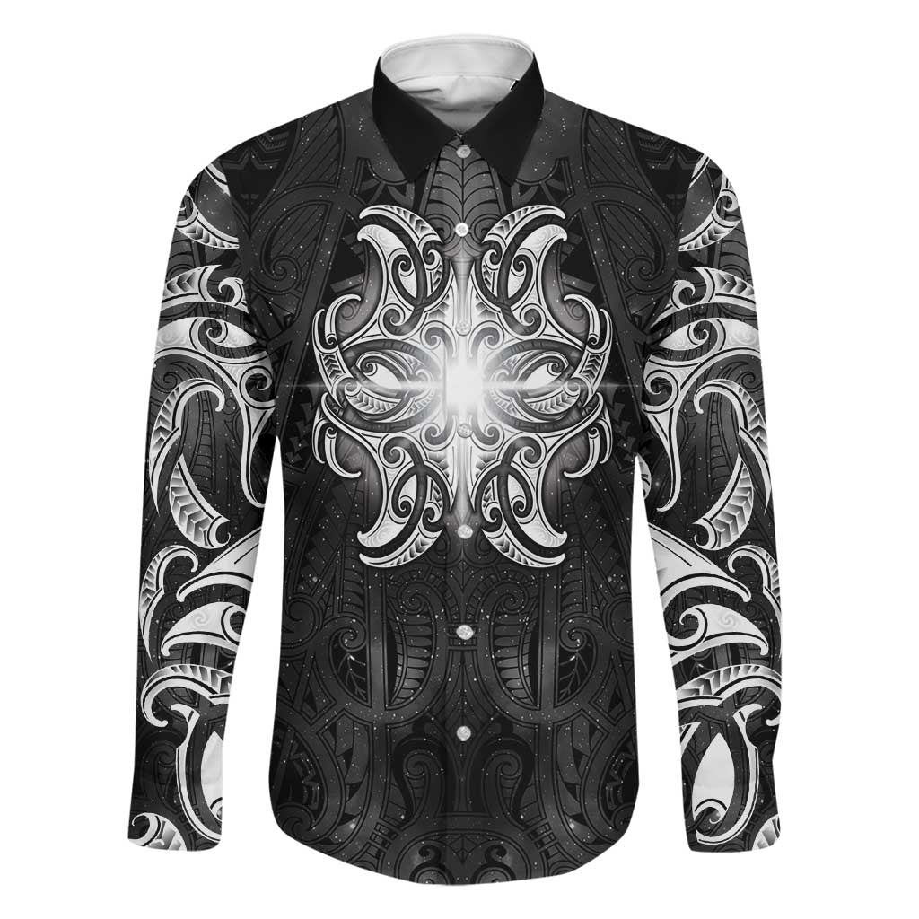New Zealand Matariki Family Matching Tank Maxi Dress and Hawaiian Shirt Maori Moko Black Galaxy LT05 Dad's Shirt - Long Sleeve Black - Polynesian Pride