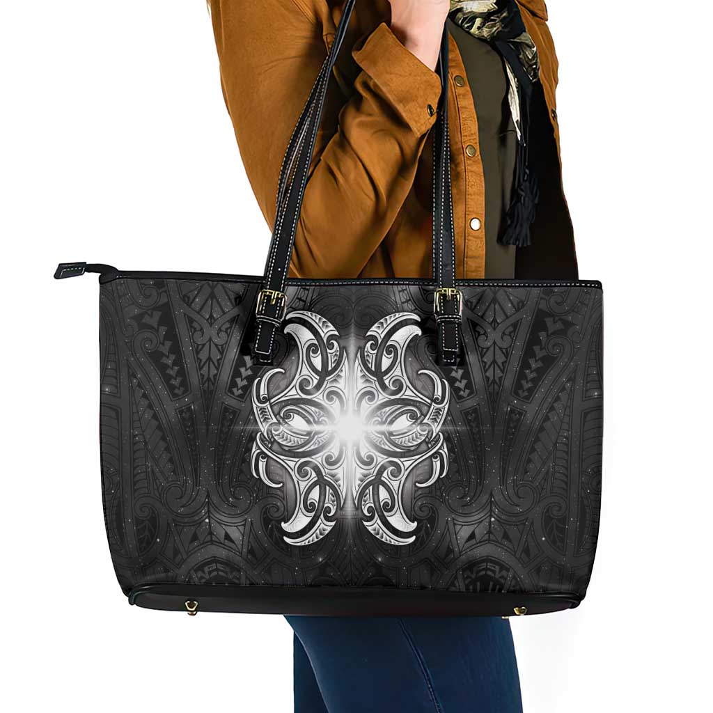New Zealand Matariki Leather Tote Bag Maori Moko Black Galaxy