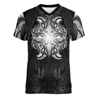 New Zealand Matariki Women V-Neck T-Shirt Maori Moko Black Galaxy