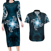 New Zealand Matariki Waita Couples Matching Long Sleeve Bodycon Dress and Hawaiian Shirt Maori Moko Dark Blue Galaxy LT05 Blue - Polynesian Pride