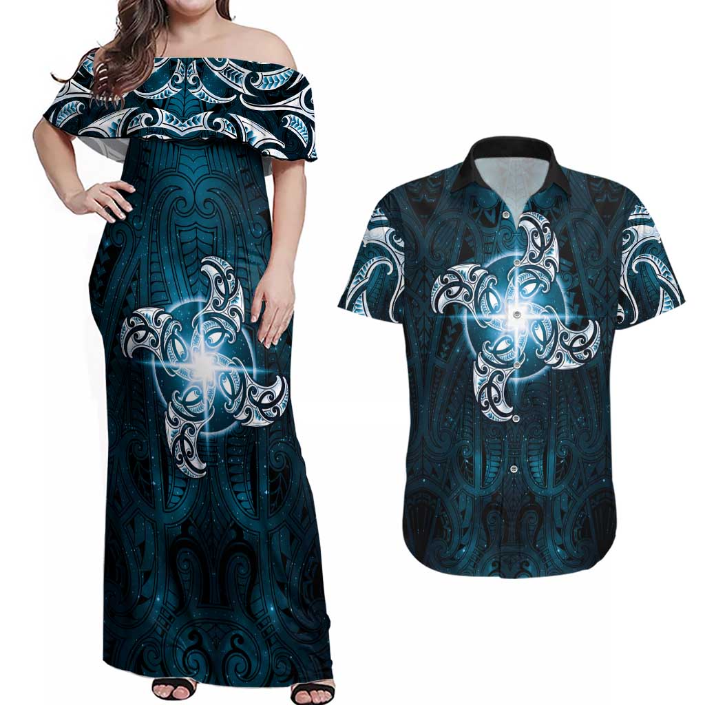 New Zealand Matariki Waita Couples Matching Off Shoulder Maxi Dress and Hawaiian Shirt Maori Moko Dark Blue Galaxy