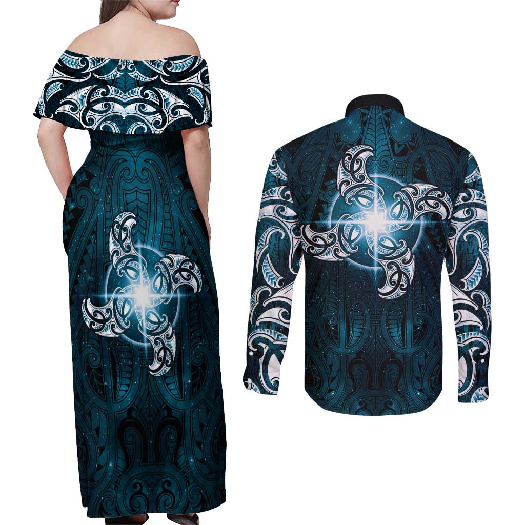 New Zealand Matariki Waita Couples Matching Off Shoulder Maxi Dress and Long Sleeve Button Shirt Maori Moko Dark Blue Galaxy