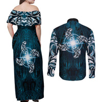 New Zealand Matariki Waita Couples Matching Off Shoulder Maxi Dress and Long Sleeve Button Shirt Maori Moko Dark Blue Galaxy