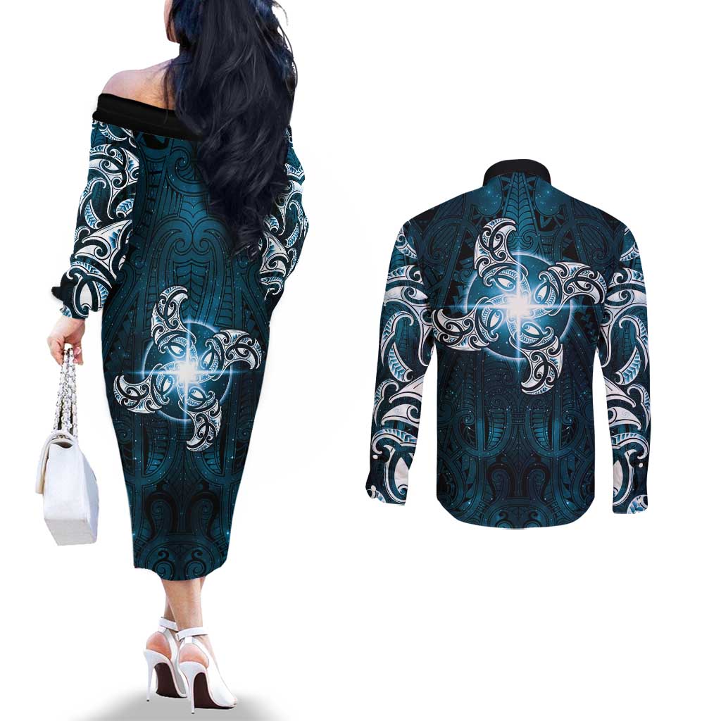 New Zealand Matariki Waita Couples Matching Off The Shoulder Long Sleeve Dress and Long Sleeve Button Shirt Maori Moko Dark Blue Galaxy LT05 - Polynesian Pride