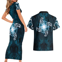New Zealand Matariki Waita Couples Matching Short Sleeve Bodycon Dress and Hawaiian Shirt Maori Moko Dark Blue Galaxy LT05 - Polynesian Pride