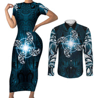 New Zealand Matariki Waita Couples Matching Short Sleeve Bodycon Dress and Long Sleeve Button Shirt Maori Moko Dark Blue Galaxy LT05 Blue - Polynesian Pride