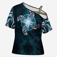 New Zealand Matariki Waita Cross Shoulder Shirt Maori Moko Dark Blue Galaxy