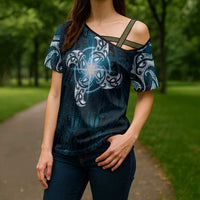 New Zealand Matariki Waita Cross Shoulder Shirt Maori Moko Dark Blue Galaxy