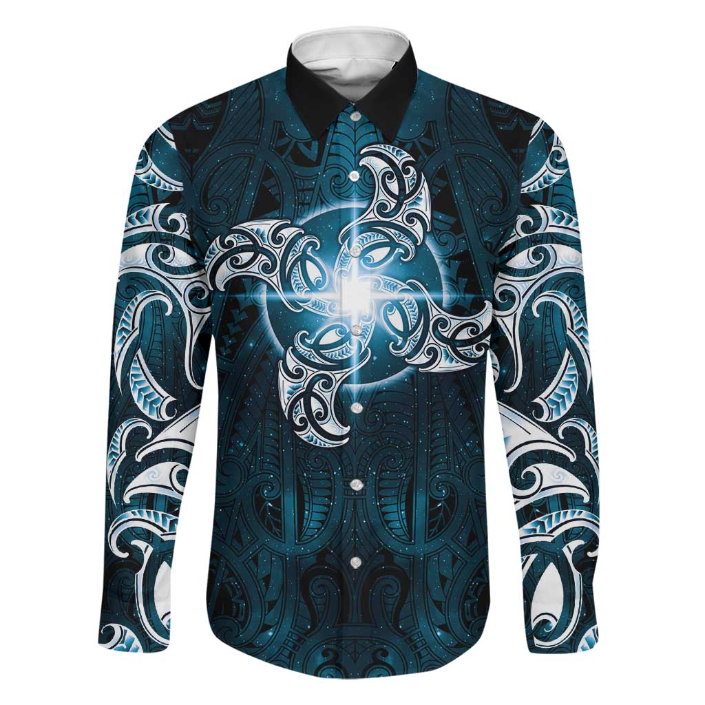 New Zealand Matariki Waita Family Matching Long Sleeve Bodycon Dress and Hawaiian Shirt Maori Moko Dark Blue Galaxy LT05 Dad's Shirt - Long Sleeve Blue - Polynesian Pride