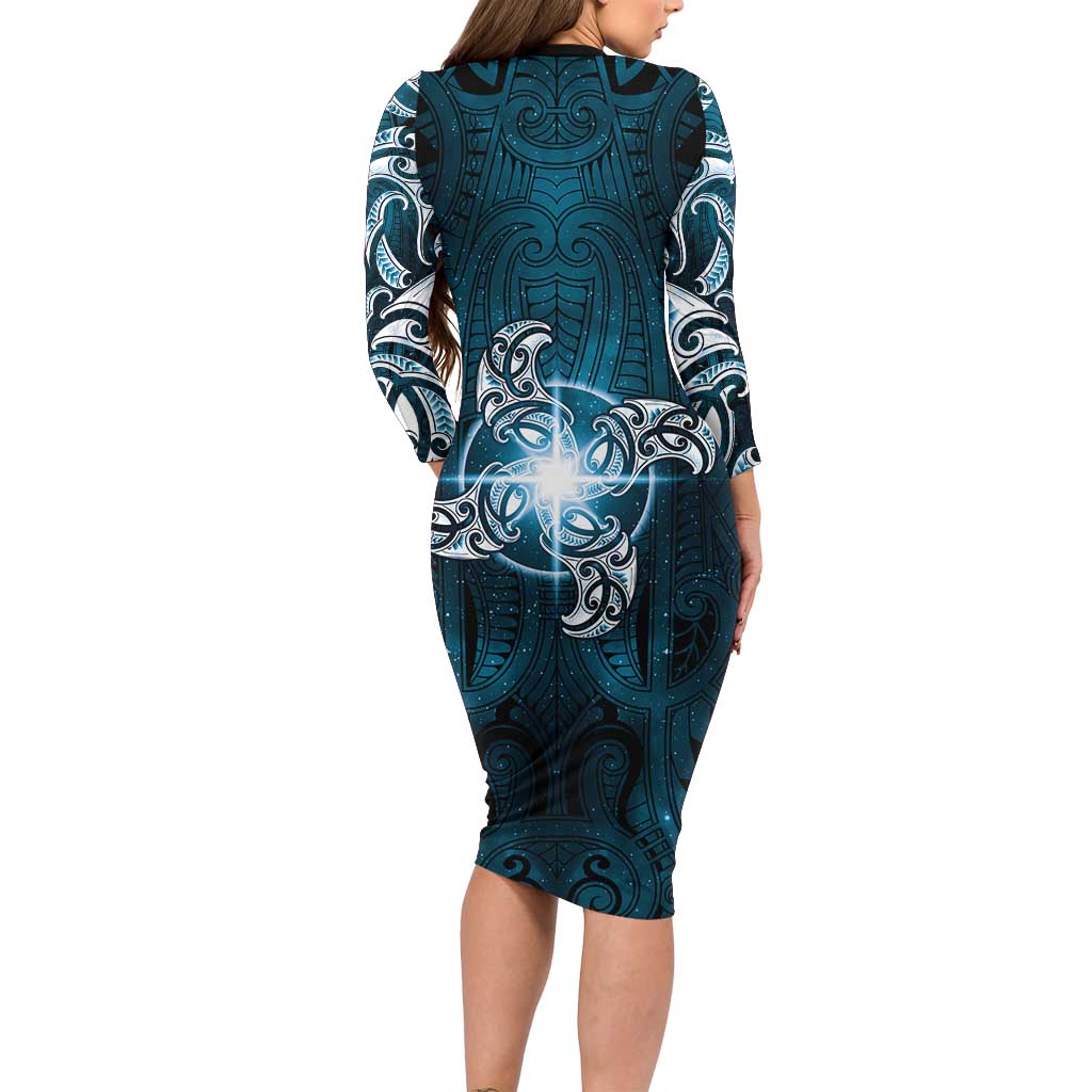 New Zealand Matariki Waita Family Matching Long Sleeve Bodycon Dress and Hawaiian Shirt Maori Moko Dark Blue Galaxy LT05 - Polynesian Pride