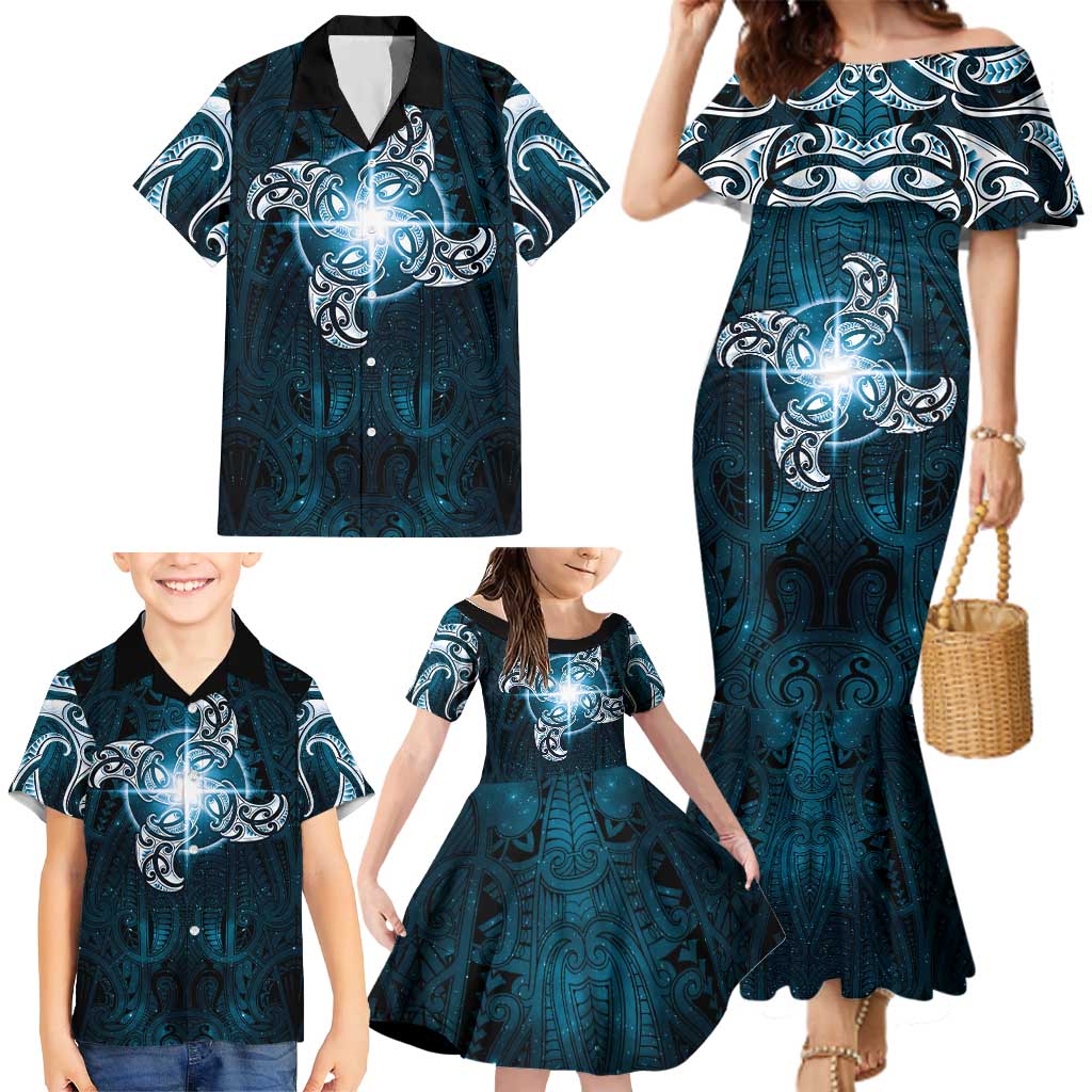 New Zealand Matariki Waita Family Matching Mermaid Dress and Hawaiian Shirt Maori Moko Dark Blue Galaxy