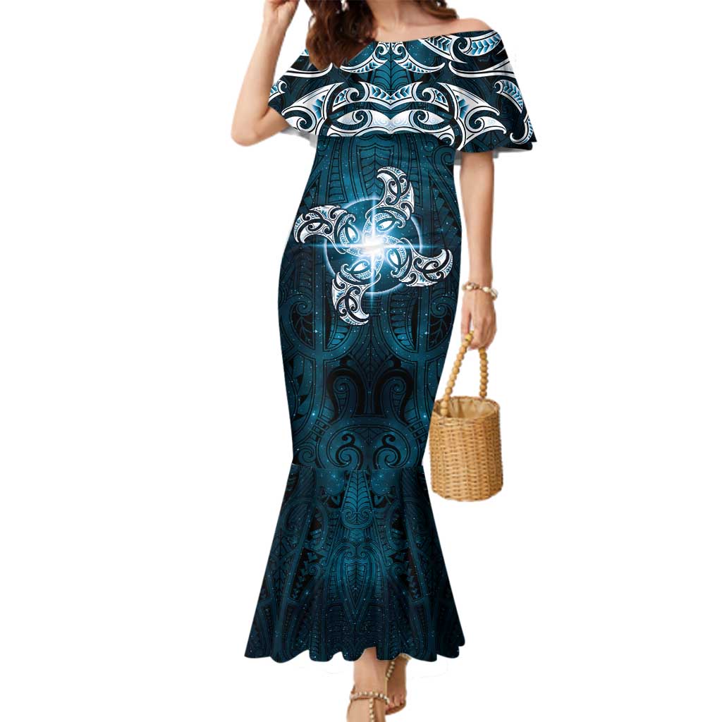 New Zealand Matariki Waita Family Matching Mermaid Dress and Hawaiian Shirt Maori Moko Dark Blue Galaxy LT05 Mom's Dress Blue - Polynesian Pride