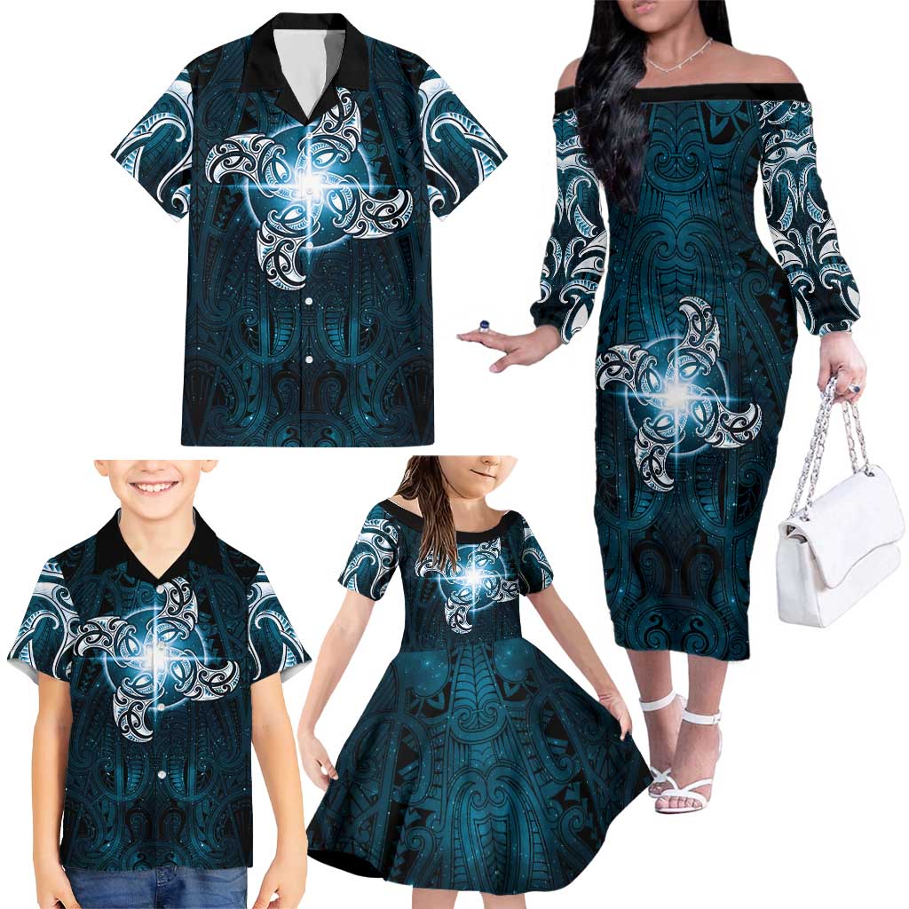 New Zealand Matariki Waita Family Matching Off The Shoulder Long Sleeve Dress and Hawaiian Shirt Maori Moko Dark Blue Galaxy LT05 - Polynesian Pride