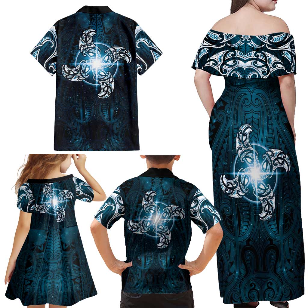 New Zealand Matariki Waita Family Matching Off Shoulder Maxi Dress and Hawaiian Shirt Maori Moko Dark Blue Galaxy LT05 - Polynesian Pride