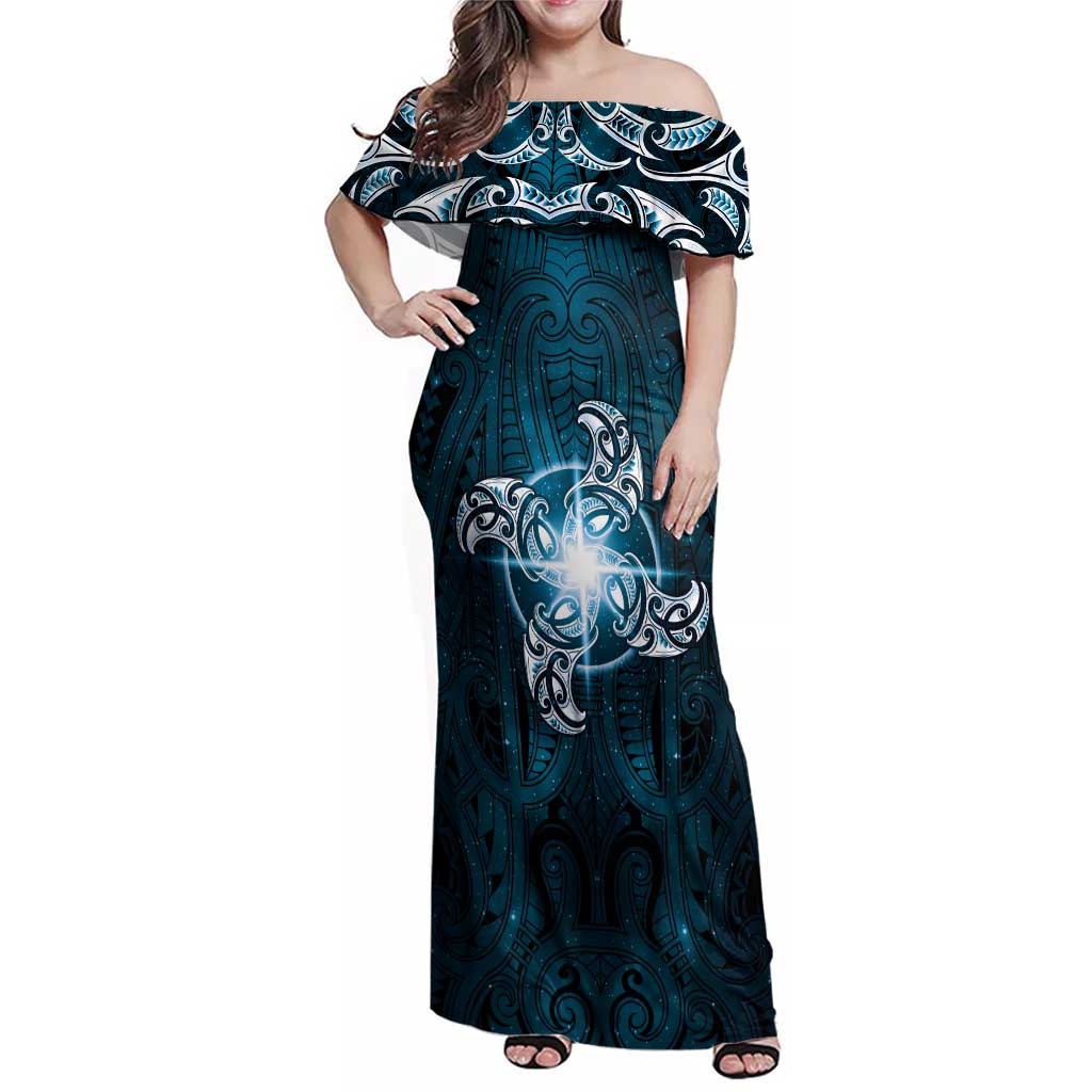 New Zealand Matariki Waita Family Matching Off Shoulder Maxi Dress and Hawaiian Shirt Maori Moko Dark Blue Galaxy LT05 Mom's Dress Blue - Polynesian Pride